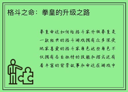 格斗之命：拳皇的升级之路