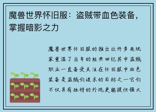魔兽世界怀旧服：盗贼带血色装备，掌握暗影之力